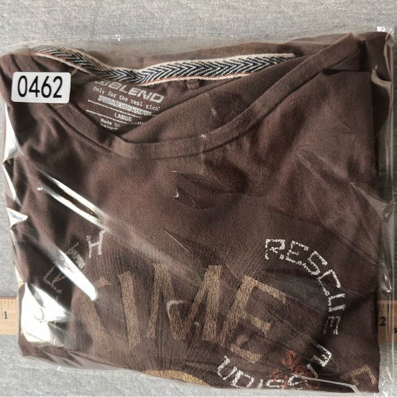 Blend Tee Shirt Mens XXL Brown Cotton Comfort All-over Motto Print Rib Crew - Picture 14 of 14